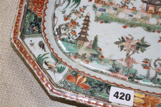 An 18th century Chinese famille verte octagonal meat plate, decorated with pagodas in a garden, flowers and birds, 36 x 26cm